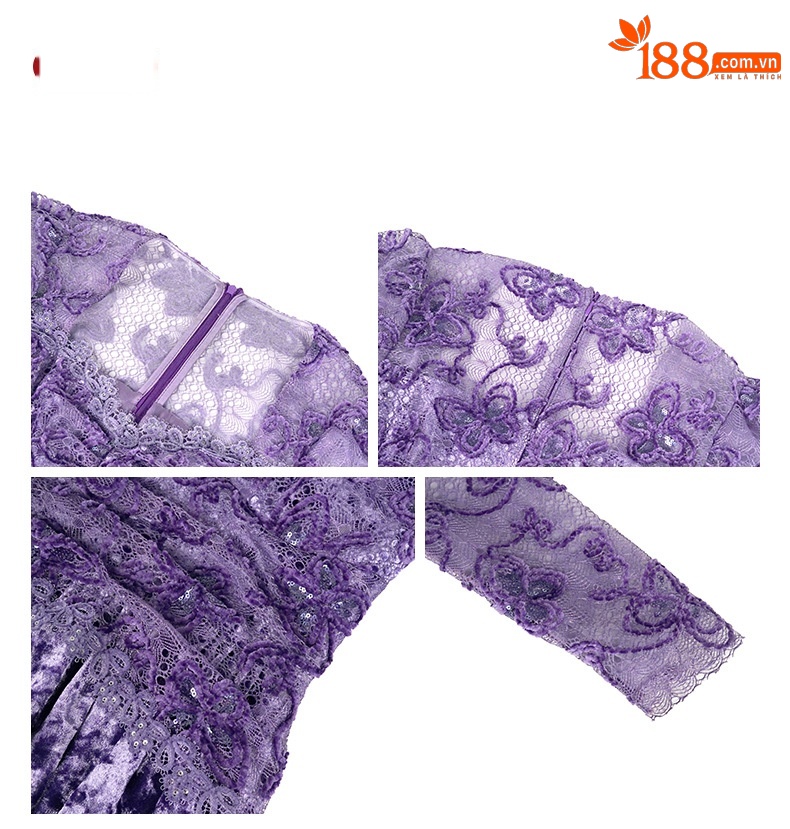 Đầm maxi nữ cổ vuông nhung thêu tay bồng thắt eo — đen chi tiết 4