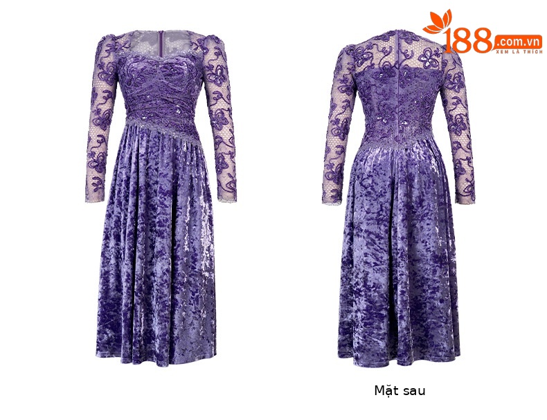 Đầm maxi nữ cổ vuông nhung thêu tay bồng thắt eo — đen chi tiết 6