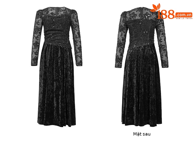 Đầm maxi nữ cổ vuông nhung thêu tay bồng thắt eo — đen chi tiết 7