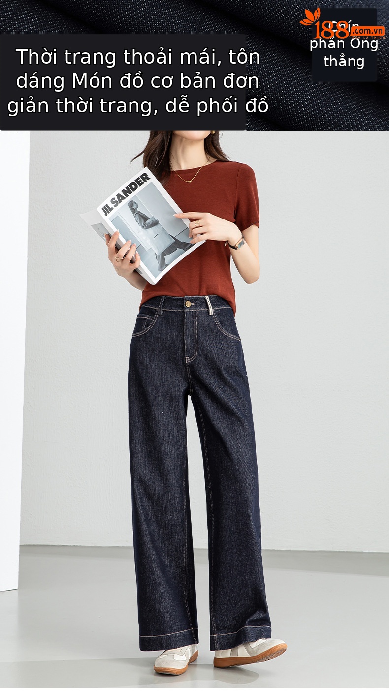 Quần jean nữ ống rộng cạp cao dáng suông vải denim xanh — Xanh da trờicolor chi tiết 1
