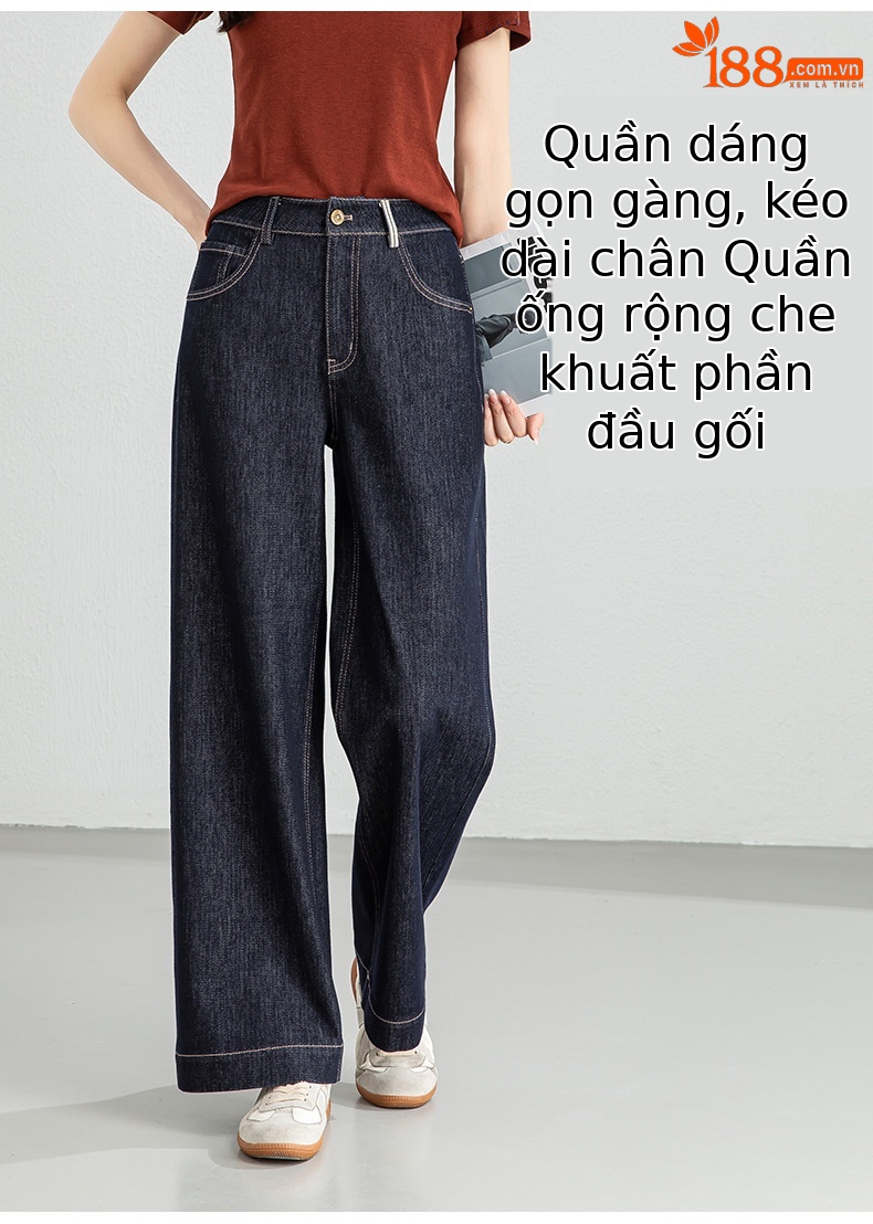 Quần jean nữ ống rộng cạp cao dáng suông vải denim xanh — Xanh da trờicolor chi tiết 5