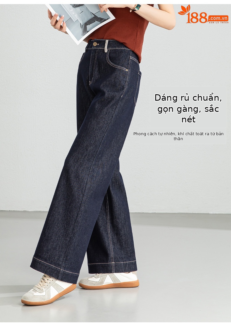 Quần jean nữ ống rộng cạp cao dáng suông vải denim xanh — Xanh da trờicolor chi tiết 7