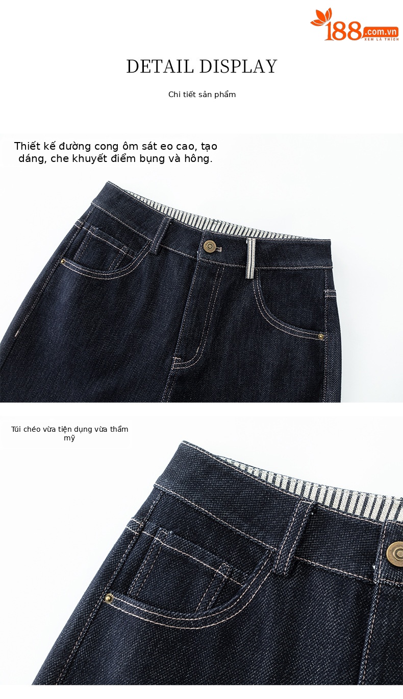 Quần jean nữ ống rộng cạp cao dáng suông vải denim xanh — Xanh da trờicolor chi tiết 10