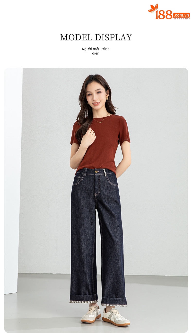 Quần jean nữ ống rộng cạp cao dáng suông vải denim xanh — Xanh da trờicolor chi tiết 15