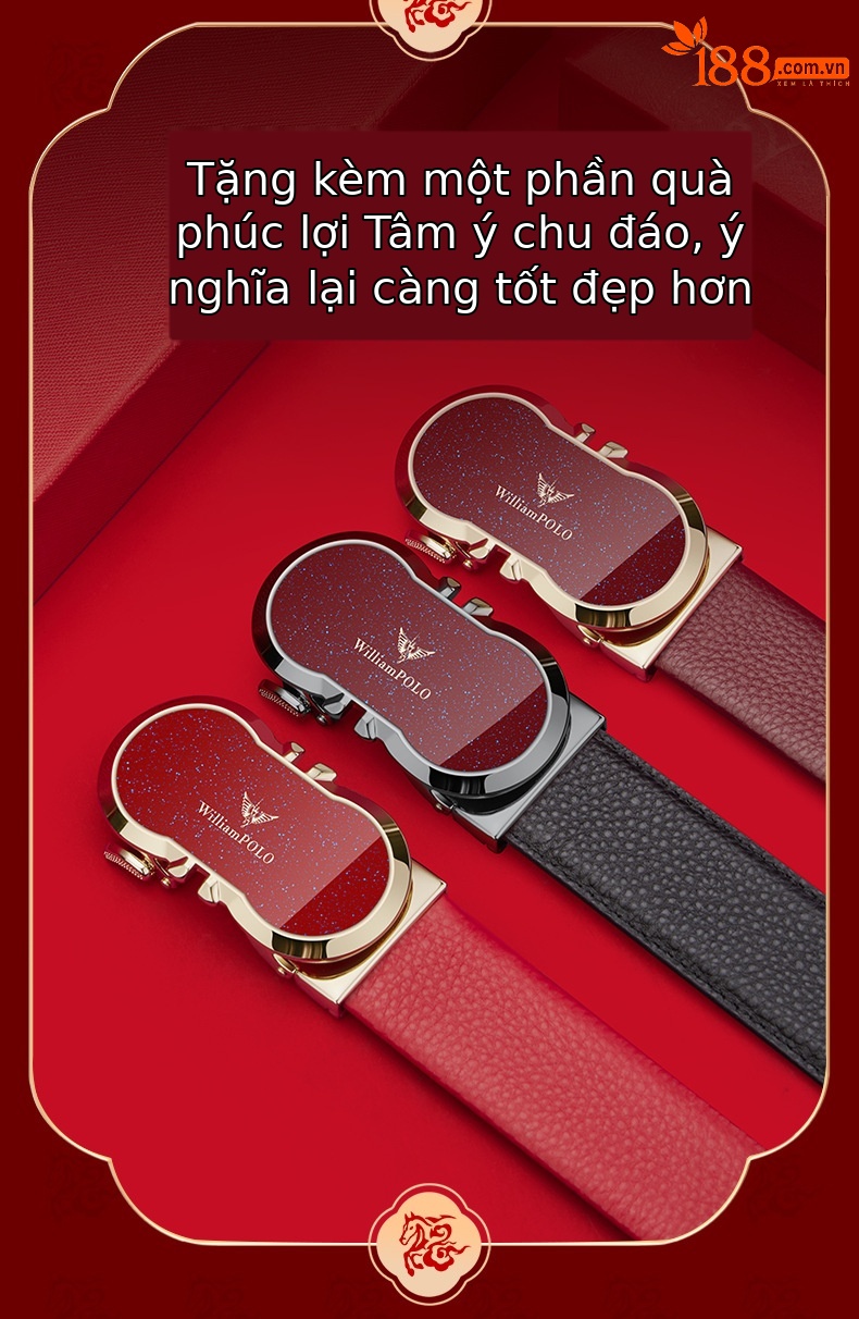 Thắt lưng da nam cao cấp khóa tự động màu đỏ mừng năm mới — 120cm, 130cm, 110cm, 125cm chi tiết 5