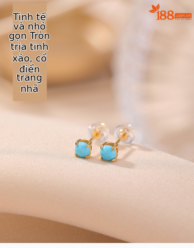 Khuyên tai bạc S925 mạ vàng đính đá turquoise hình học vintage — Loại bạc chi tiết 1
