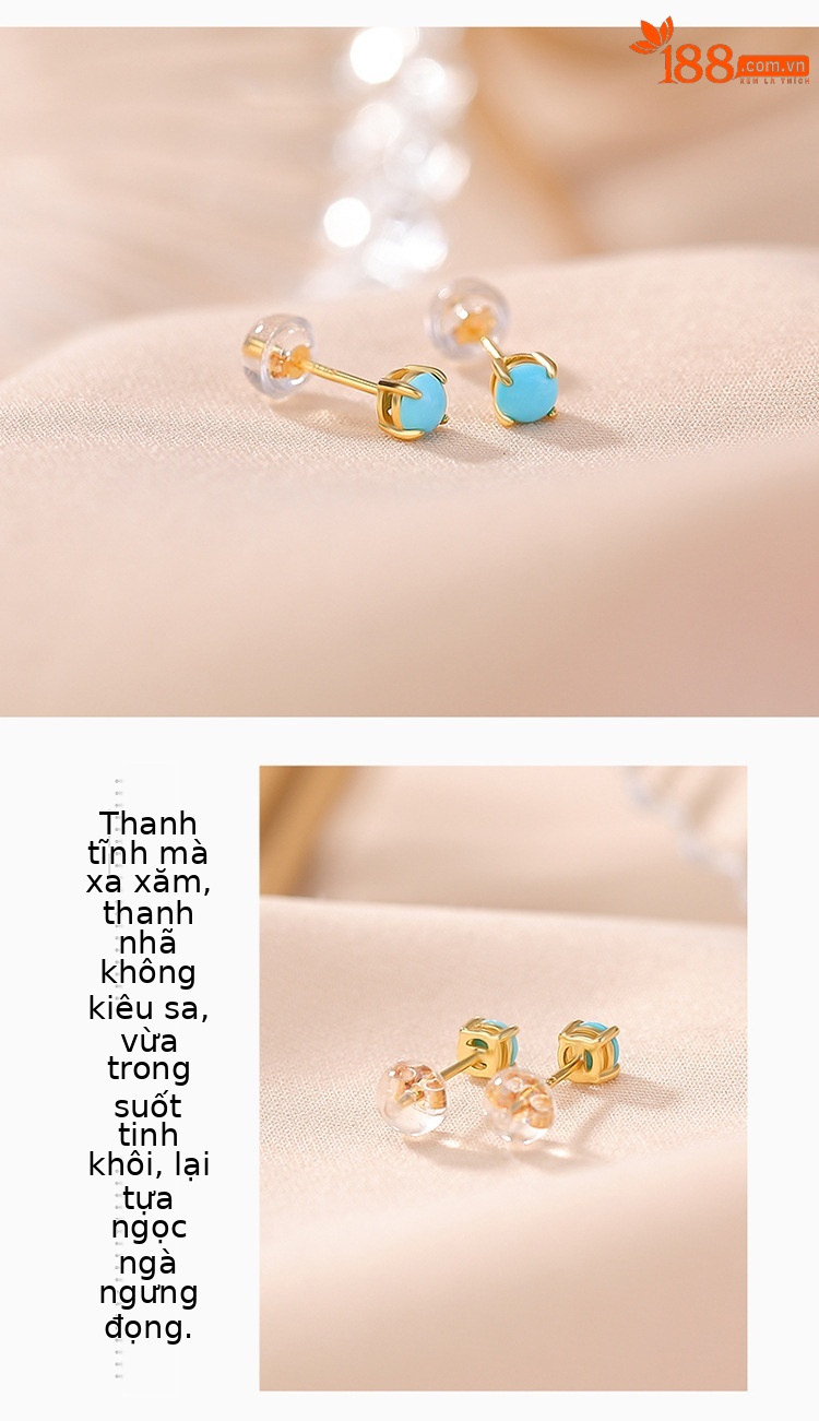 Khuyên tai bạc S925 mạ vàng đính đá turquoise hình học vintage — Loại bạc chi tiết 3