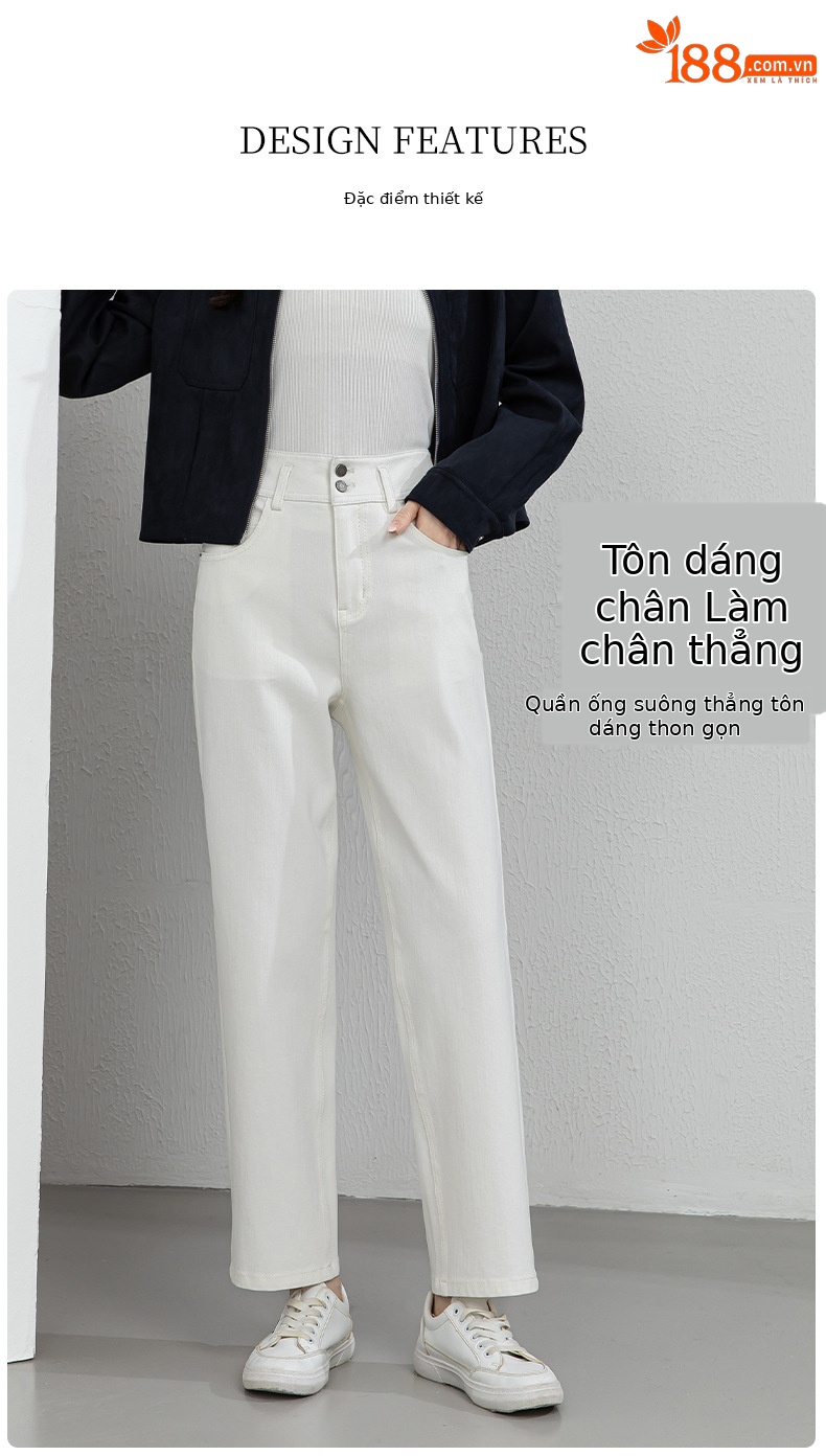 Quần jean nữ cao eo ống thẳng co giãn 4 chiều màu trắng — màu trắng chi tiết 4
