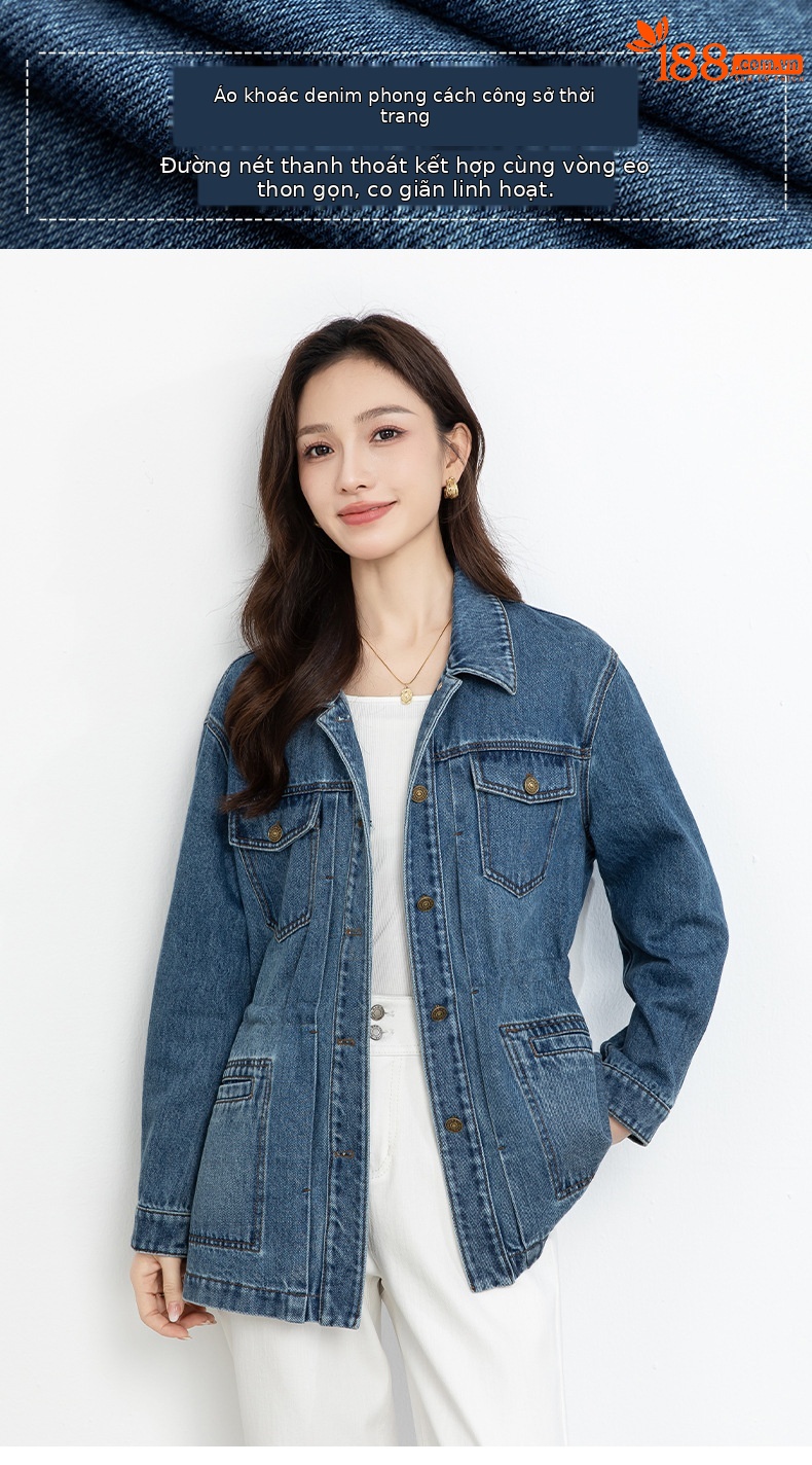 Áo khoác denim dáng dài phong cách workwear Mỹ cổ điển, form rộng thoải mái — xanh lam chi tiết 1