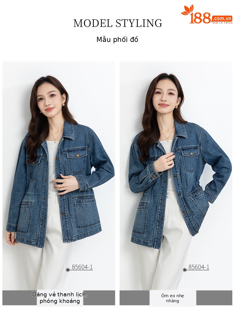 Áo khoác denim dáng dài phong cách workwear Mỹ cổ điển, form rộng thoải mái — xanh lam chi tiết 3