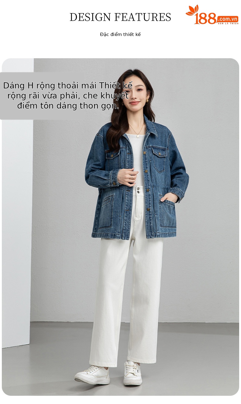 Áo khoác denim dáng dài phong cách workwear Mỹ cổ điển, form rộng thoải mái — xanh lam chi tiết 4