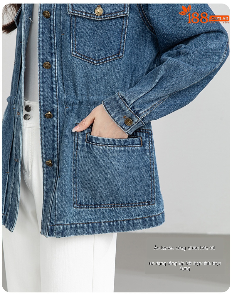 Áo khoác denim dáng dài phong cách workwear Mỹ cổ điển, form rộng thoải mái — xanh lam chi tiết 6