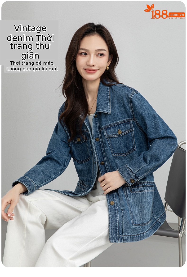 Áo khoác denim dáng dài phong cách workwear Mỹ cổ điển, form rộng thoải mái — xanh lam chi tiết 9