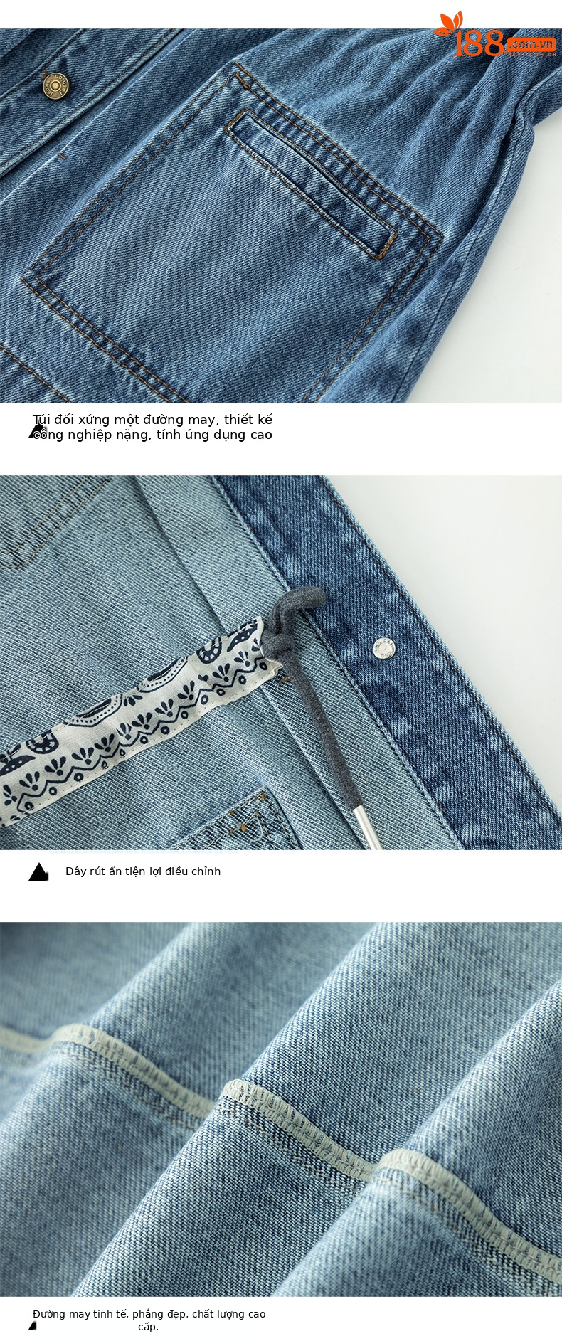 Áo khoác denim dáng dài phong cách workwear Mỹ cổ điển, form rộng thoải mái — xanh lam chi tiết 13