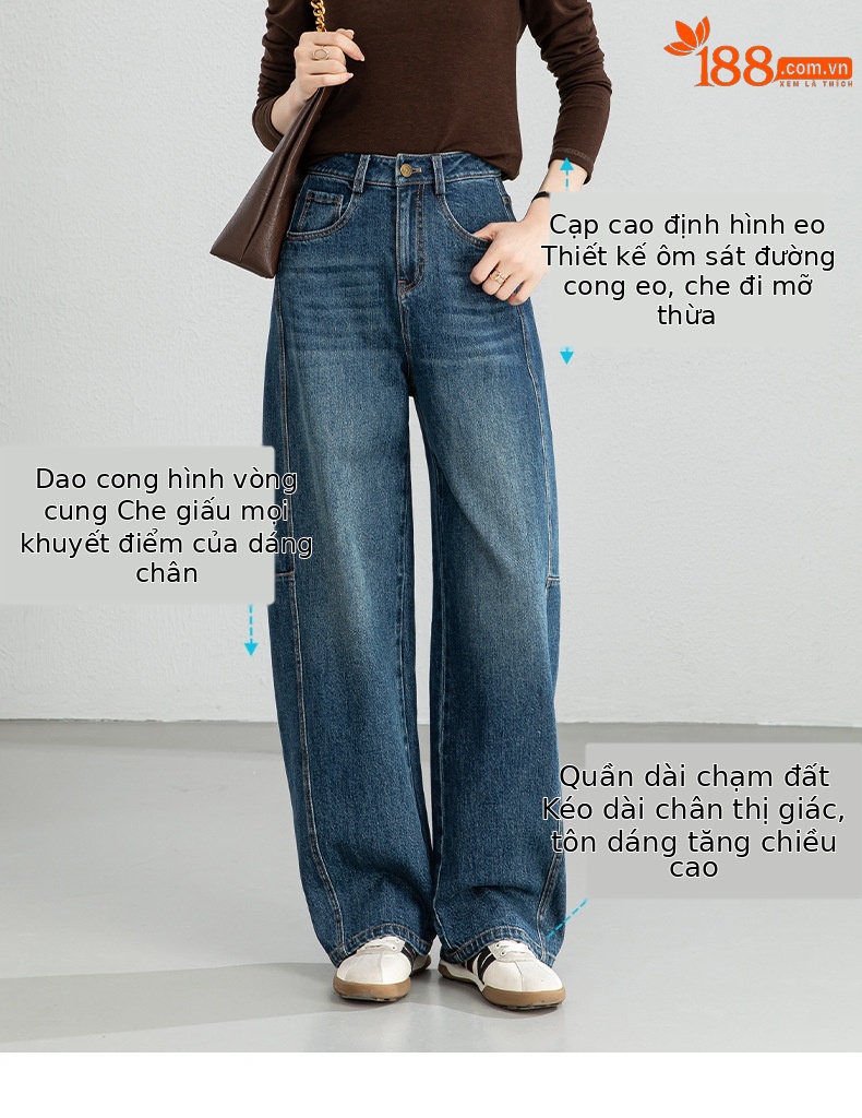Quần jean nữ ống rộng dáng chuối cạp cao phong cách thoải mái — xanh lam chi tiết 4