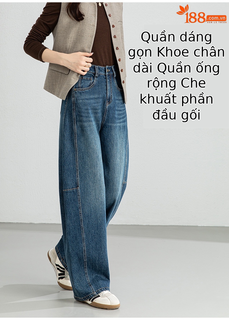 Quần jean nữ ống rộng dáng chuối cạp cao phong cách thoải mái — xanh lam chi tiết 7