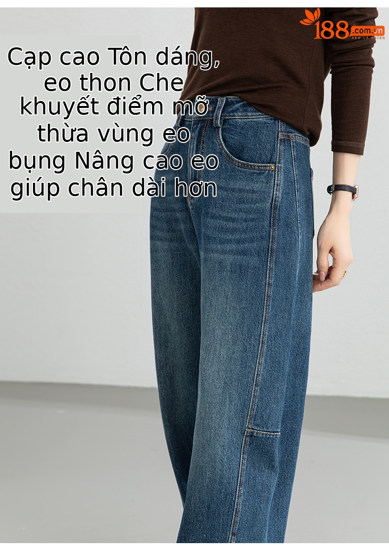 Quần jean nữ ống rộng dáng chuối cạp cao phong cách thoải mái — xanh lam chi tiết 8