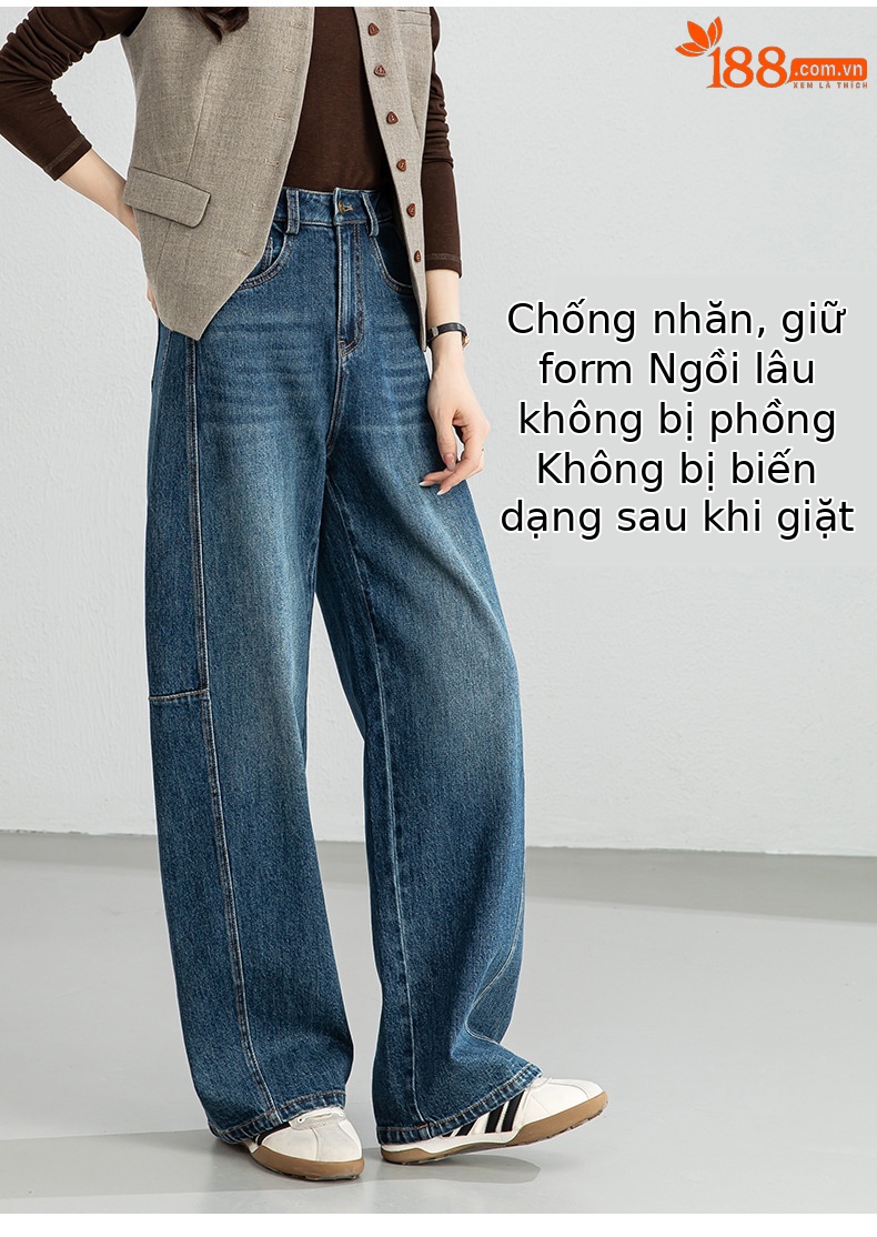 Quần jean nữ ống rộng dáng chuối cạp cao phong cách thoải mái — xanh lam chi tiết 9