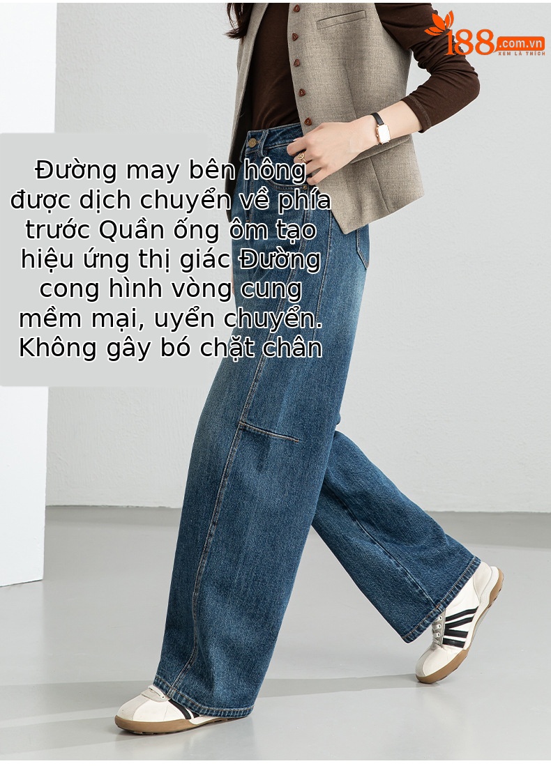 Quần jean nữ ống rộng dáng chuối cạp cao phong cách thoải mái — xanh lam chi tiết 10