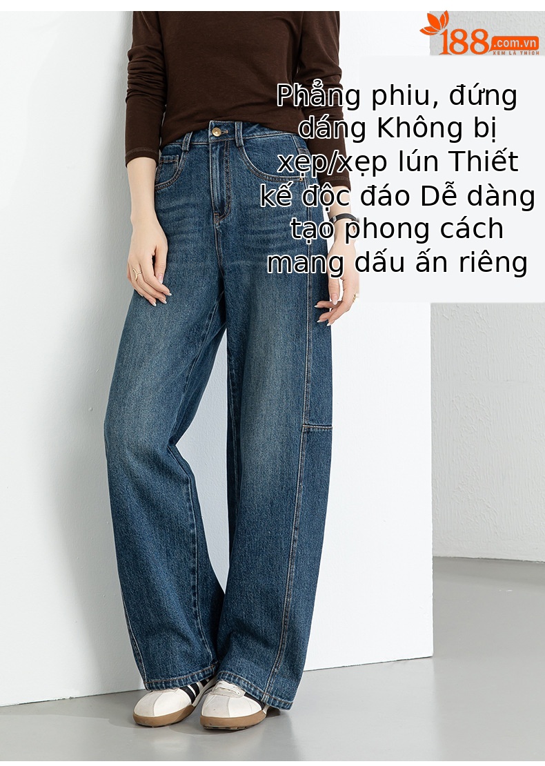 Quần jean nữ ống rộng dáng chuối cạp cao phong cách thoải mái — xanh lam chi tiết 11