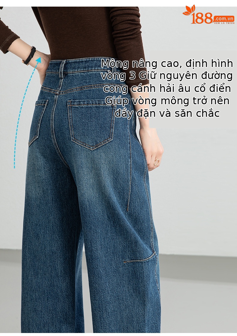 Quần jean nữ ống rộng dáng chuối cạp cao phong cách thoải mái — xanh lam chi tiết 12