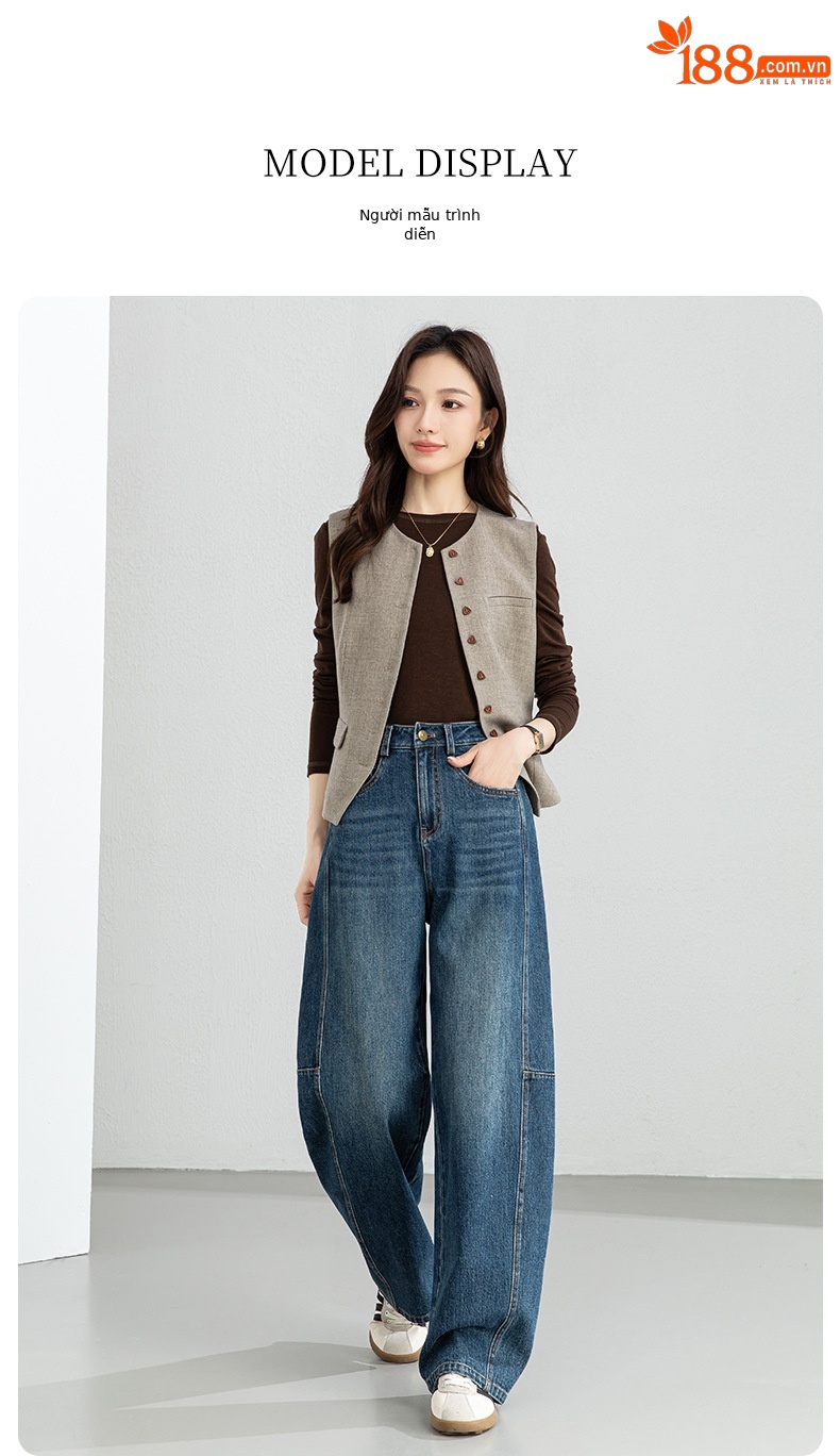 Quần jean nữ ống rộng dáng chuối cạp cao phong cách thoải mái — xanh lam chi tiết 17
