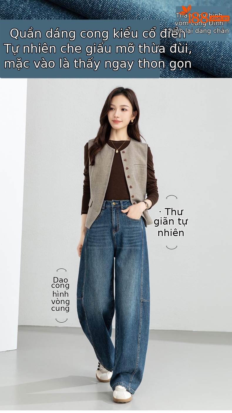 Quần jean nữ ống rộng dáng chuối cạp cao phong cách thoải mái — xanh lam chi tiết 1