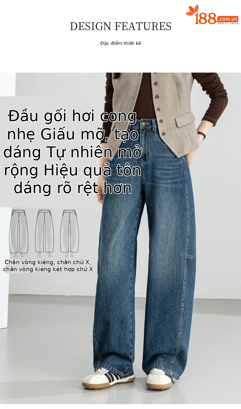 Quần jean nữ ống rộng dáng chuối cạp cao phong cách thoải mái — xanh lam chi tiết 6