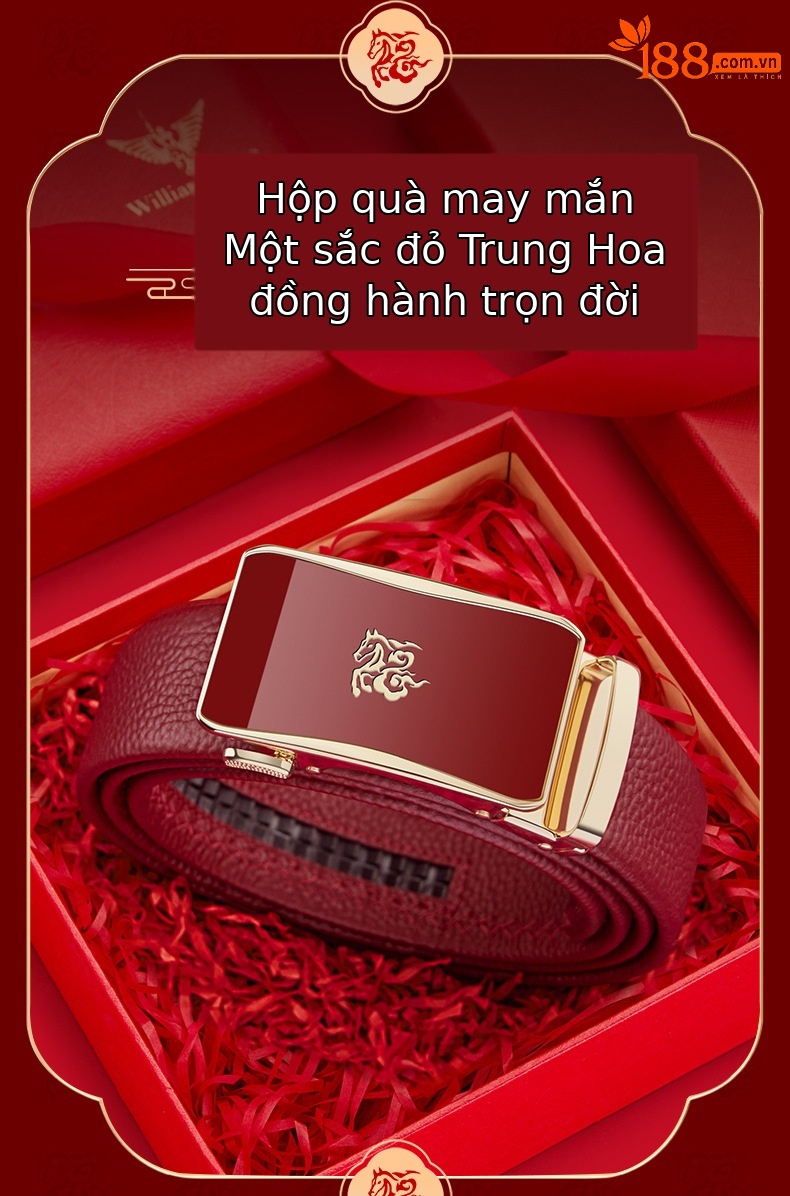 Thắt lưng da nam khóa tự động Hoàng đế Paul mẫu mới 2026 da ngựa cao cấp tặng quà cưới màu đỏ — 120cm, 130cm, 110cm, 125cm chi tiết 3