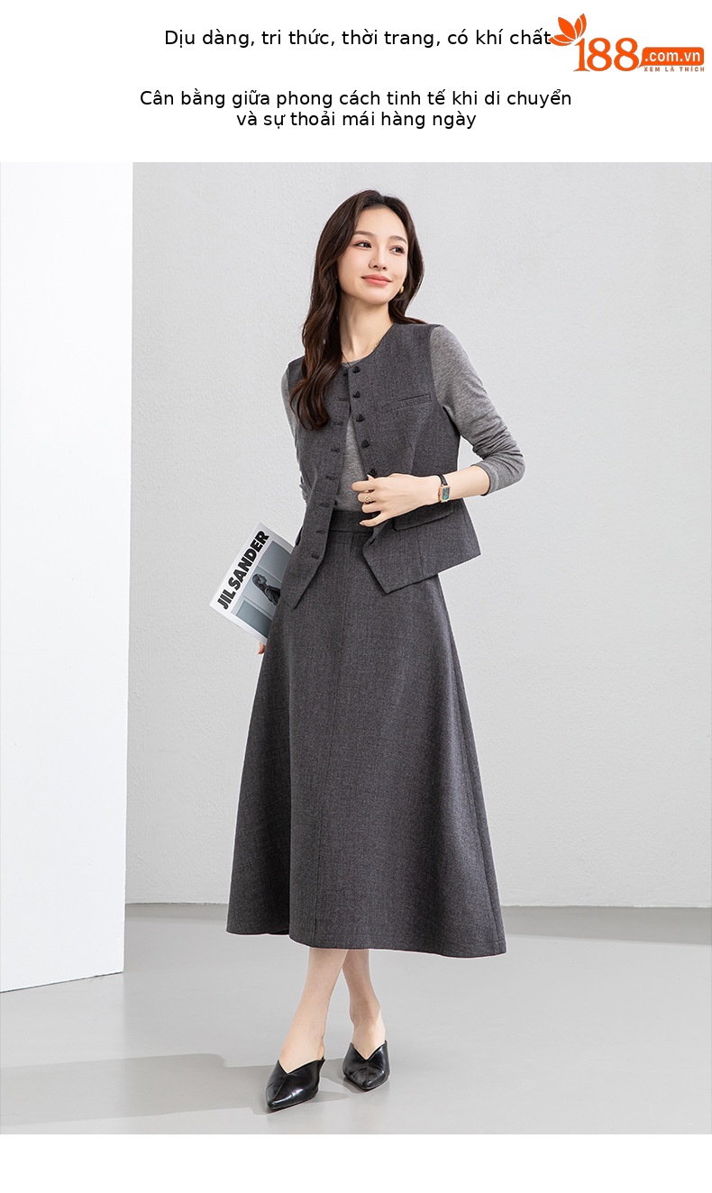 Bộ vest áo gile và chân váy dài thắt eo thanh lịch — 65.762 - 1 m màu hạnh nhân - nửa váy chi tiết 3