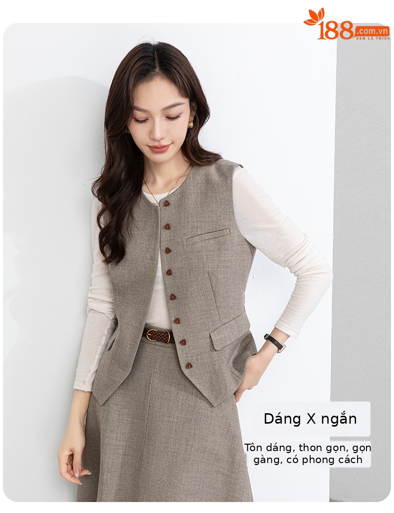 Bộ vest áo gile và chân váy dài thắt eo thanh lịch — 65.762 - 1 m màu hạnh nhân - nửa váy chi tiết 5