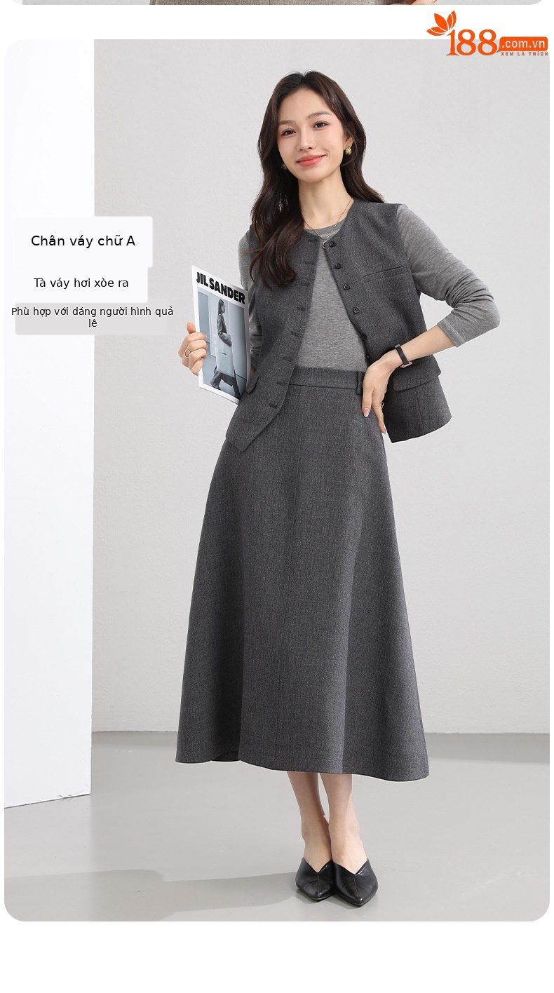Bộ vest áo gile và chân váy dài thắt eo thanh lịch — 65.762 - 1 m màu hạnh nhân - nửa váy chi tiết 7