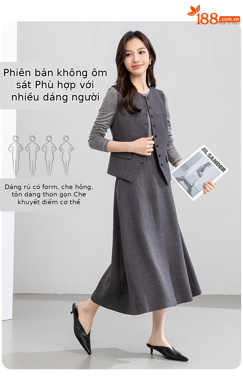 Bộ vest áo gile và chân váy dài thắt eo thanh lịch — 65.762 - 1 m màu hạnh nhân - nửa váy chi tiết 9
