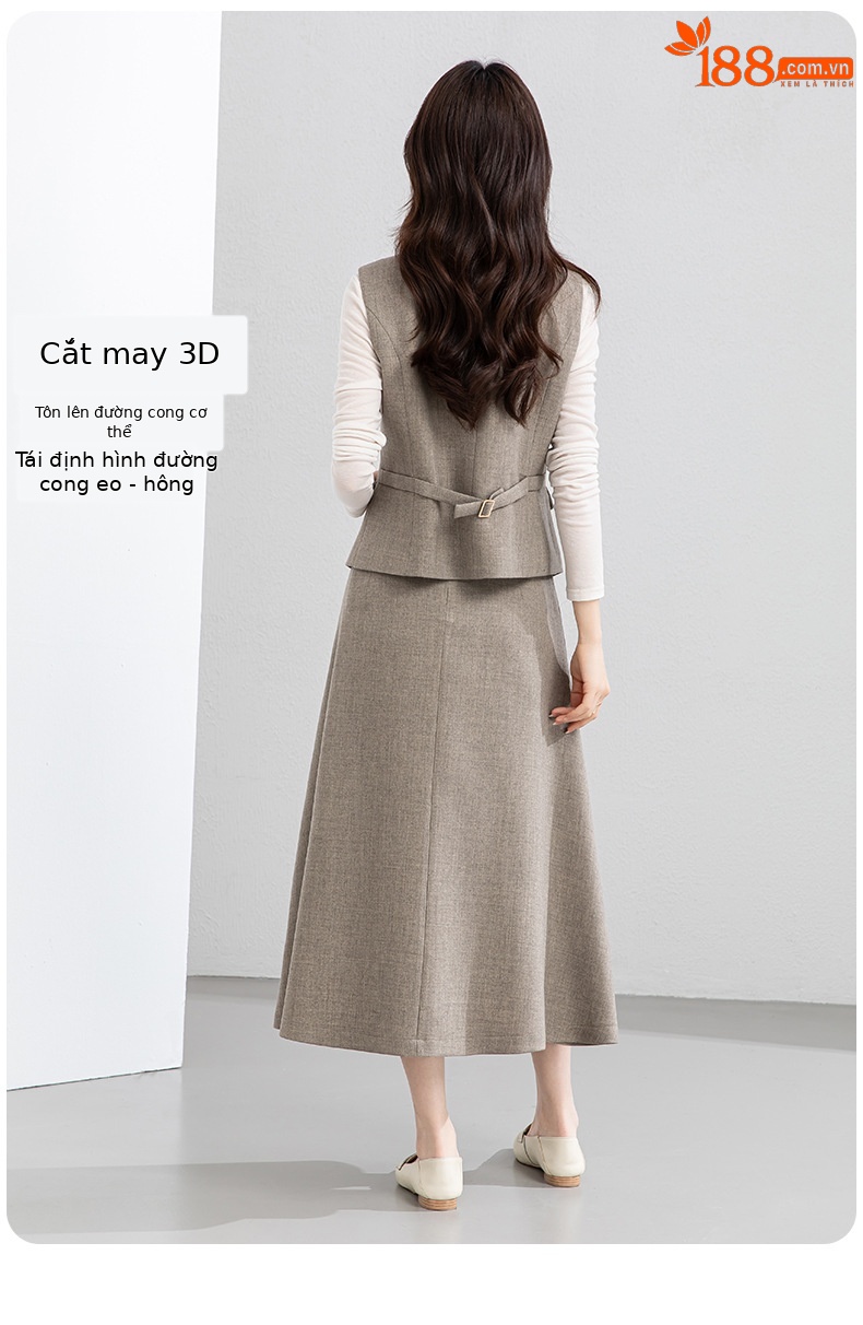 Bộ vest áo gile và chân váy dài thắt eo thanh lịch — 65.762 - 1 m màu hạnh nhân - nửa váy chi tiết 10