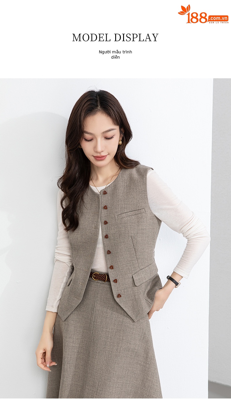Bộ vest áo gile và chân váy dài thắt eo thanh lịch — 65.762 - 1 m màu hạnh nhân - nửa váy chi tiết 16