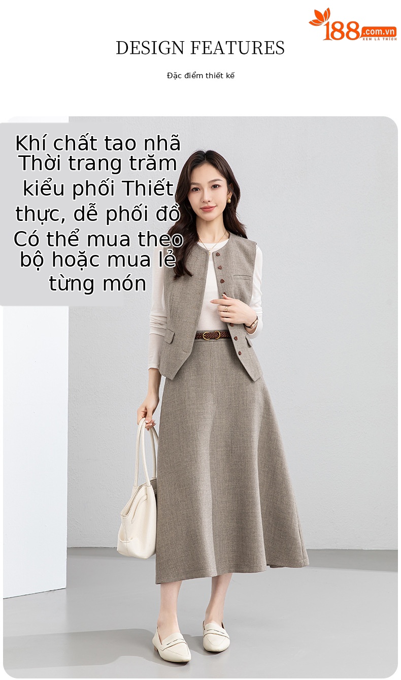 Bộ vest áo gile và chân váy dài thắt eo thanh lịch — 65.762 - 1 m màu hạnh nhân - nửa váy chi tiết 4