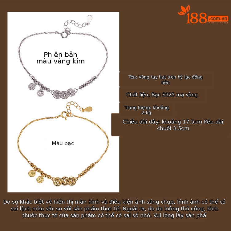 Vòng tay bạc S925 mạ vàng hạt đồng tiền Hỷ Lạc thời trang tinh tế — Loại bạc chi tiết 1