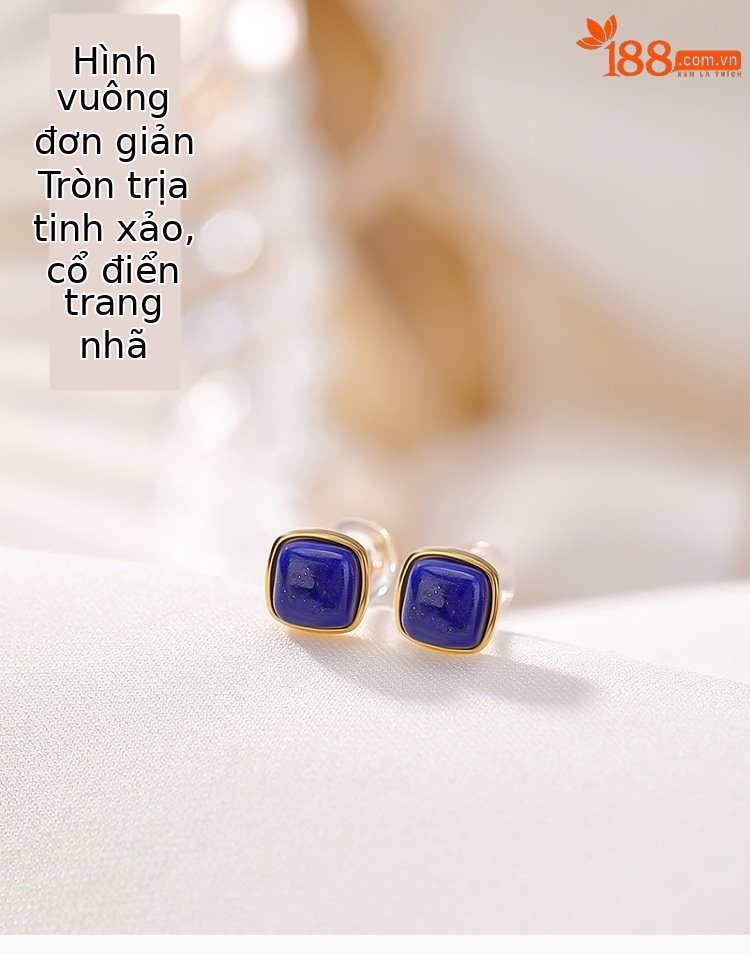 Khuyên tai bạc S925 mạ vàng đính đá lapis lazuli hình vuông vintage — Cặp đôi chi tiết 2