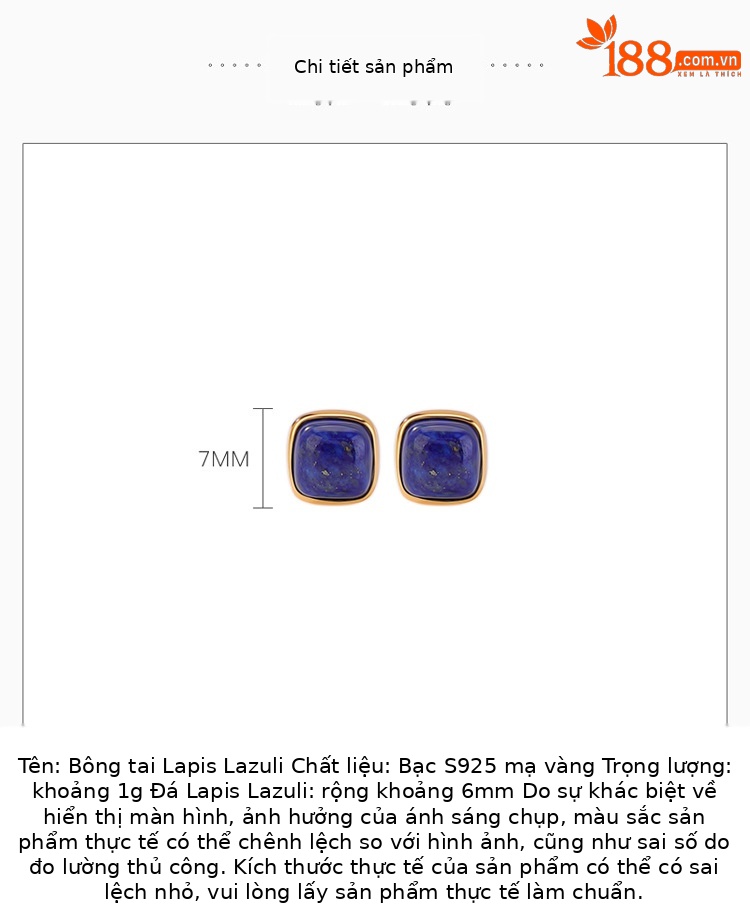 Khuyên tai bạc S925 mạ vàng đính đá lapis lazuli hình vuông vintage — Cặp đôi chi tiết 3