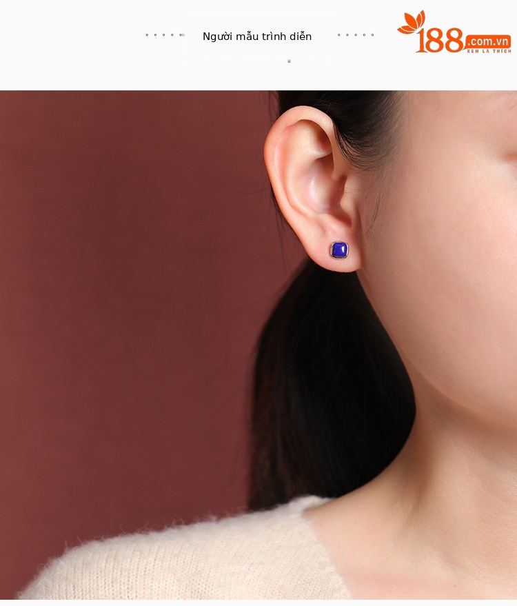 Khuyên tai bạc S925 mạ vàng đính đá lapis lazuli hình vuông vintage — Cặp đôi chi tiết 4