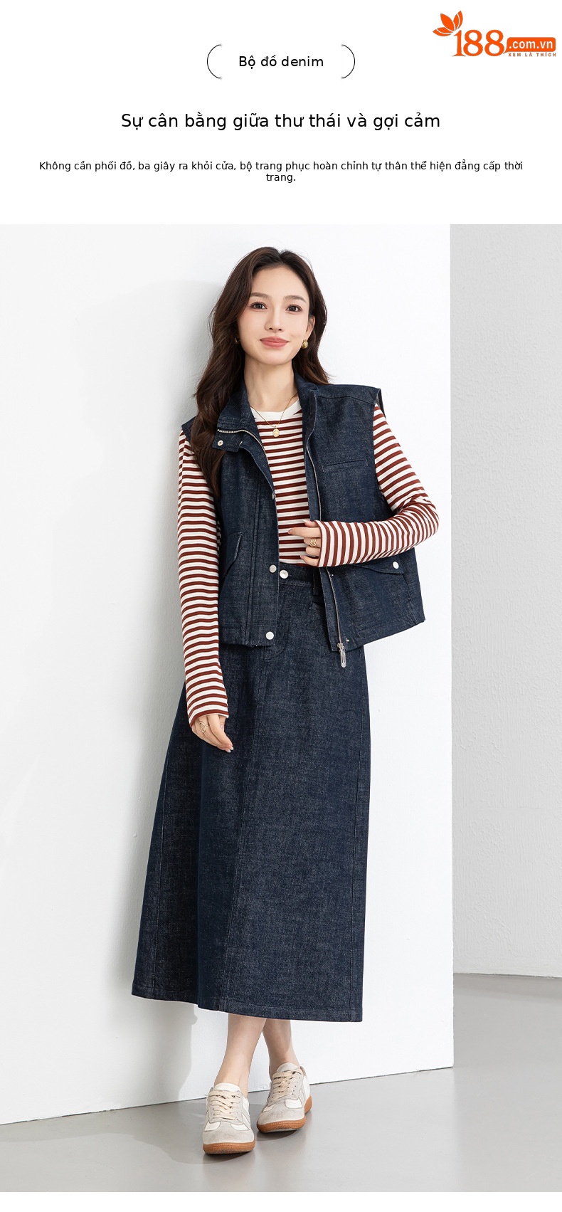 Áo vest gile denim không tay nữ kèm chân váy bút chì phối bộ — Mã màu xanh dương - AC66031 chi tiết 1