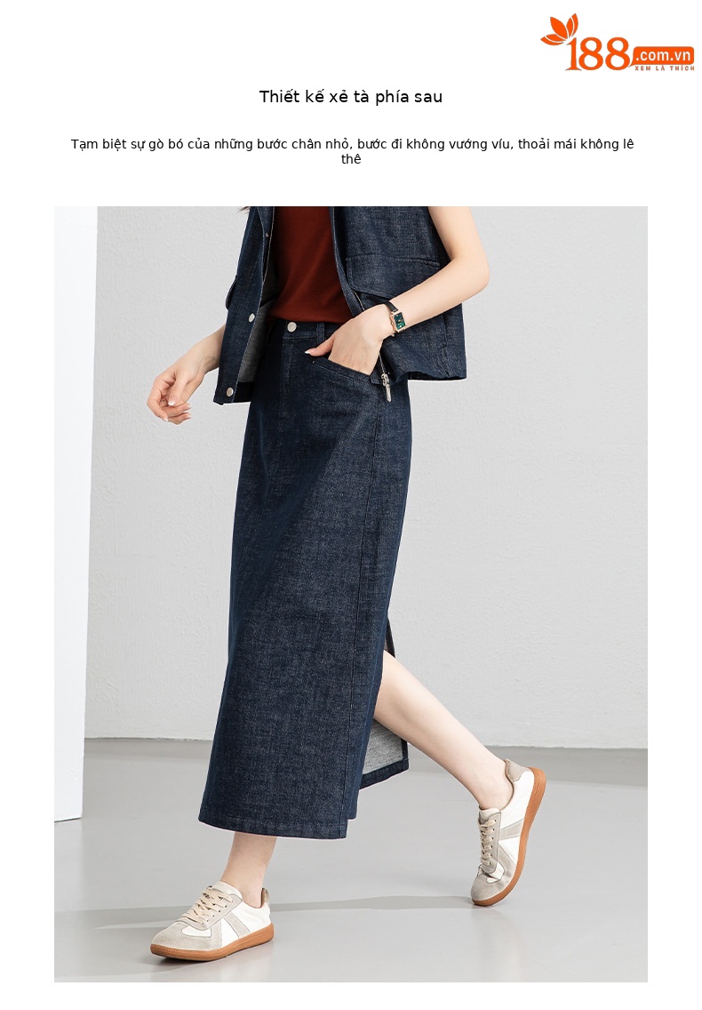 Áo vest gile denim không tay nữ kèm chân váy bút chì phối bộ — Mã màu xanh dương - AC66031 chi tiết 4