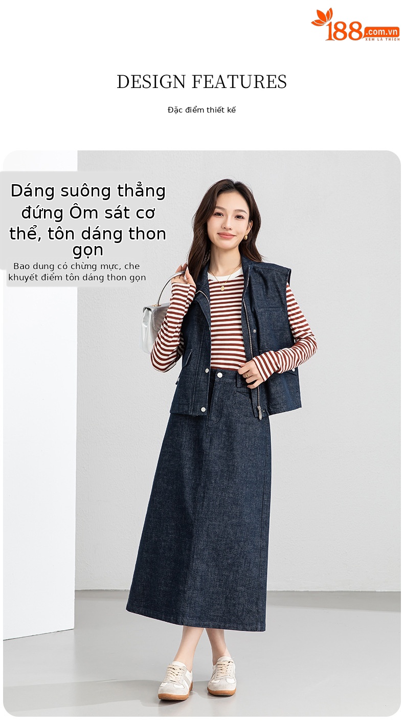 Áo vest gile denim không tay nữ kèm chân váy bút chì phối bộ — Mã màu xanh dương - AC66031 chi tiết 6