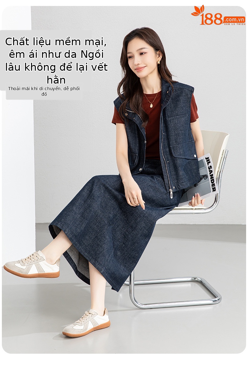 Áo vest gile denim không tay nữ kèm chân váy bút chì phối bộ — Mã màu xanh dương - AC66031 chi tiết 7