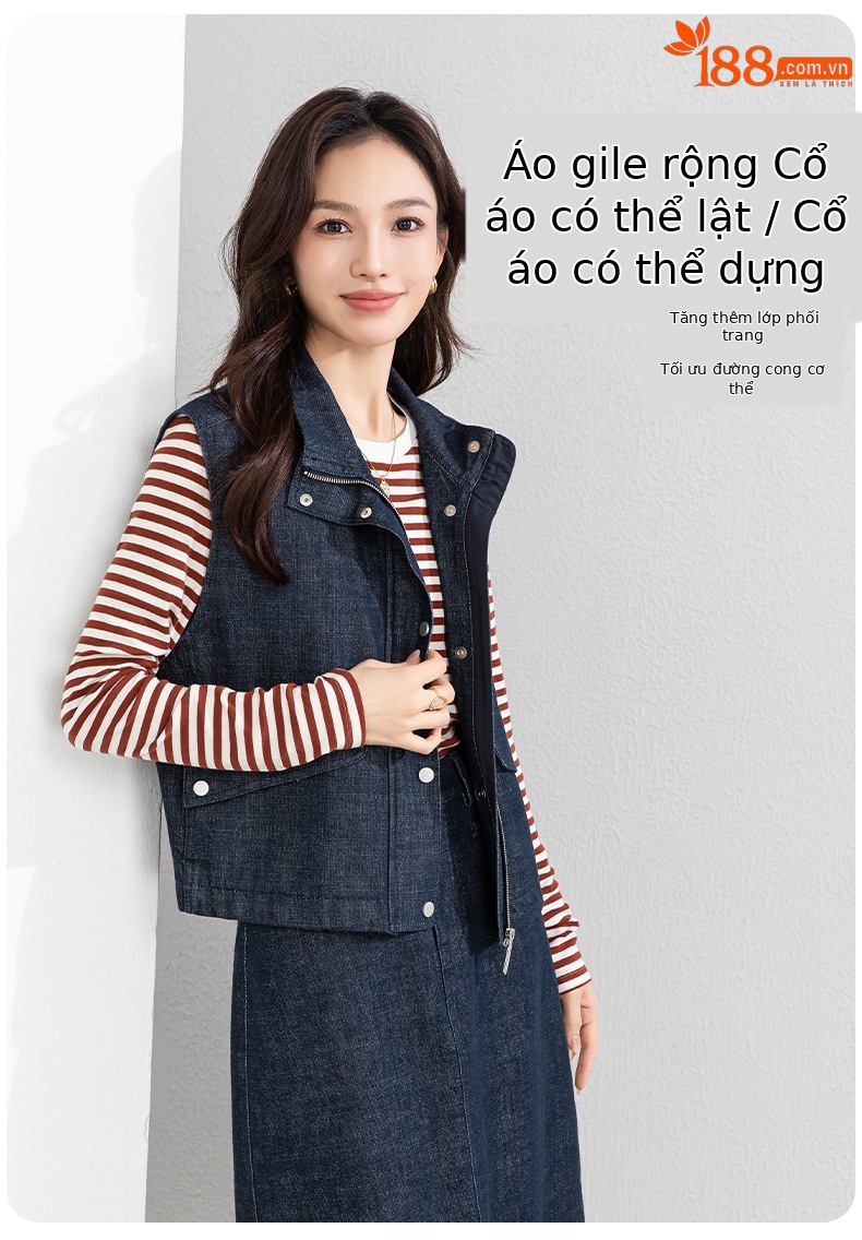 Áo vest gile denim không tay nữ kèm chân váy bút chì phối bộ — Mã màu xanh dương - AC66031 chi tiết 8