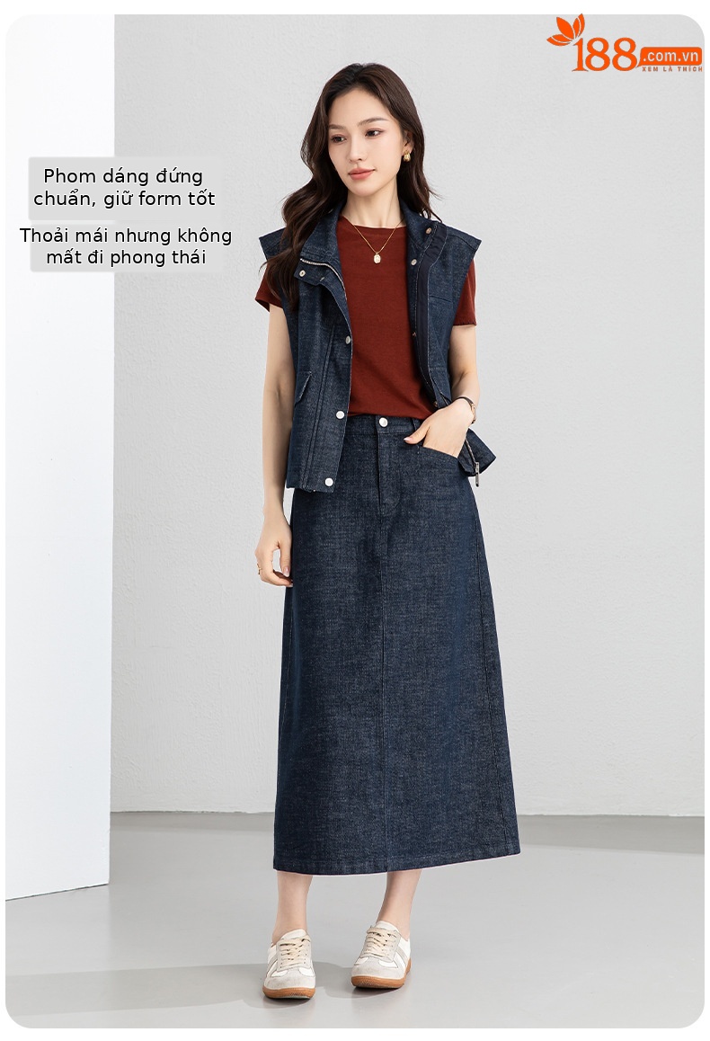 Áo vest gile denim không tay nữ kèm chân váy bút chì phối bộ — Mã màu xanh dương - AC66031 chi tiết 10