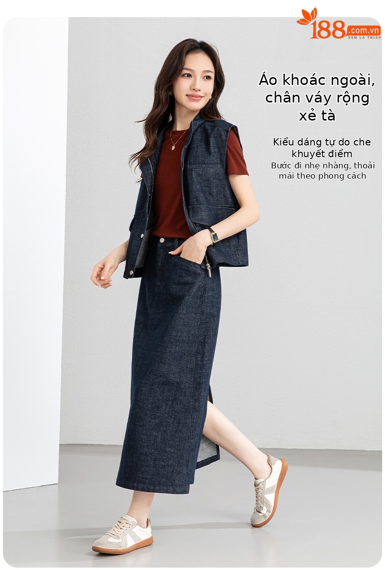 Áo vest gile denim không tay nữ kèm chân váy bút chì phối bộ — Mã màu xanh dương - AC66031 chi tiết 11