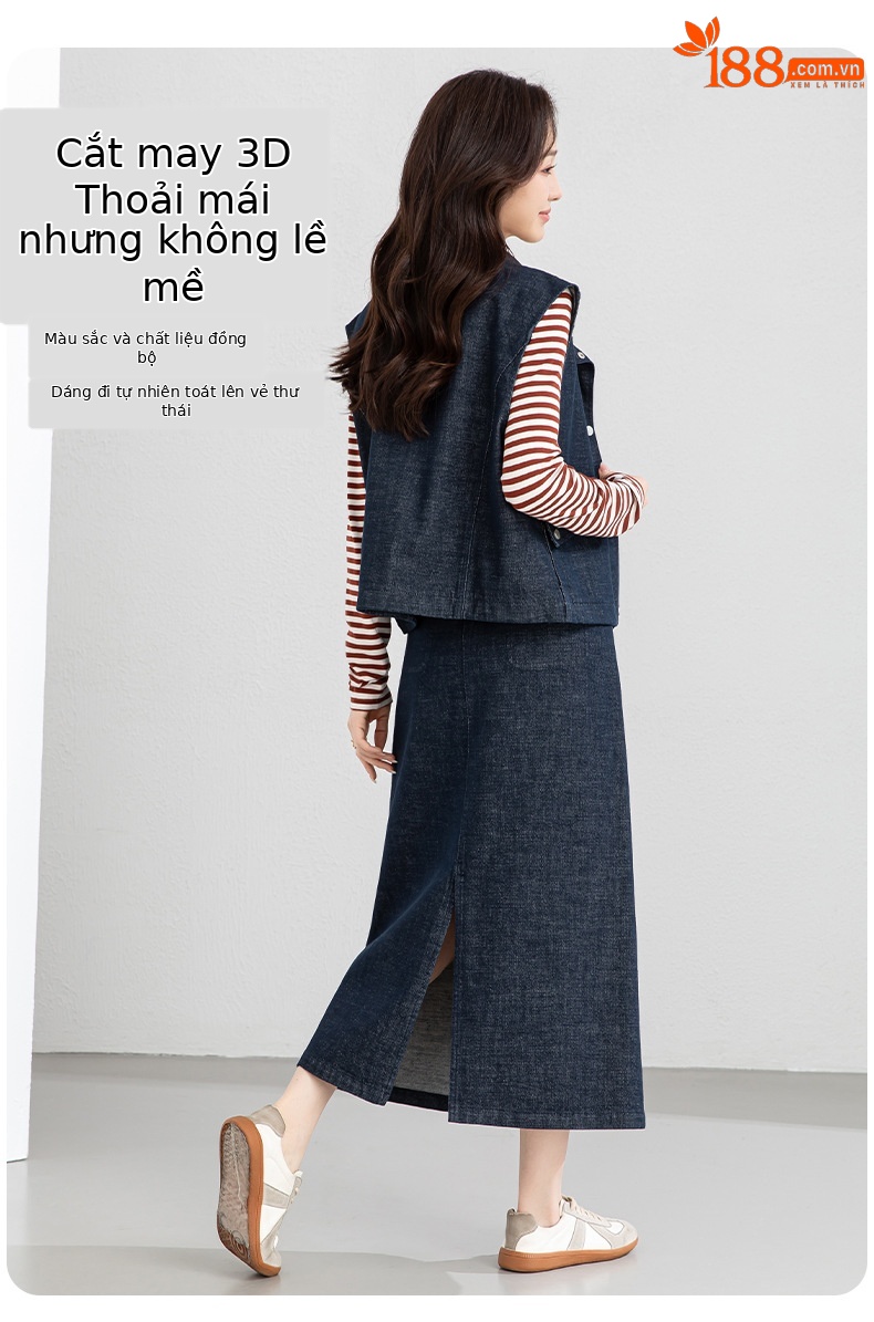 Áo vest gile denim không tay nữ kèm chân váy bút chì phối bộ — Mã màu xanh dương - AC66031 chi tiết 12