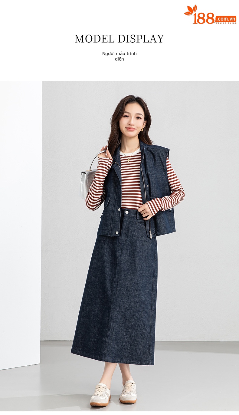 Áo vest gile denim không tay nữ kèm chân váy bút chì phối bộ — Mã màu xanh dương - AC66031 chi tiết 20