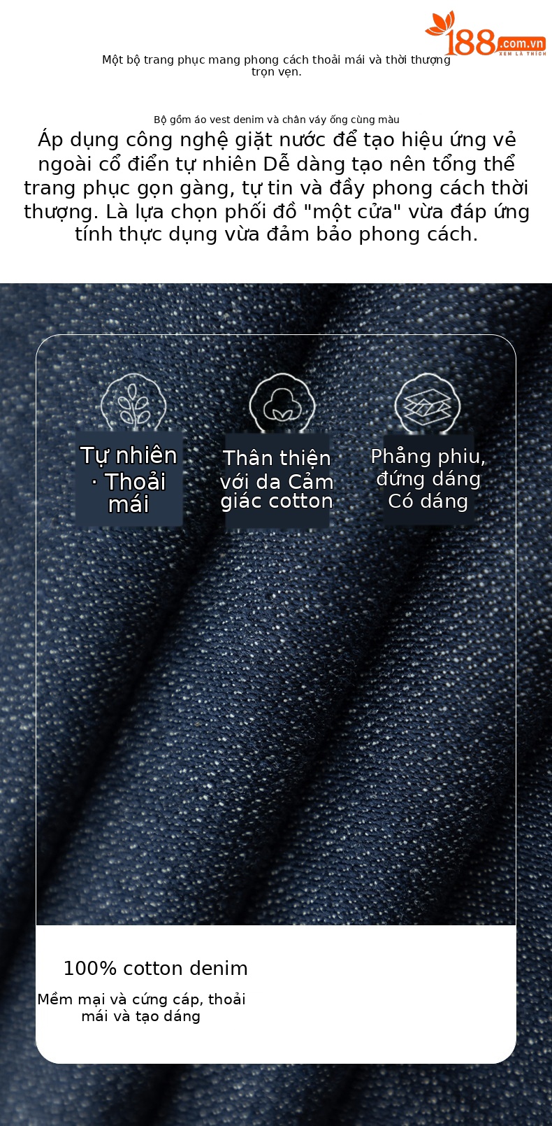 Áo vest gile denim không tay nữ kèm chân váy bút chì phối bộ — Mã màu xanh dương - AC66031 chi tiết 2